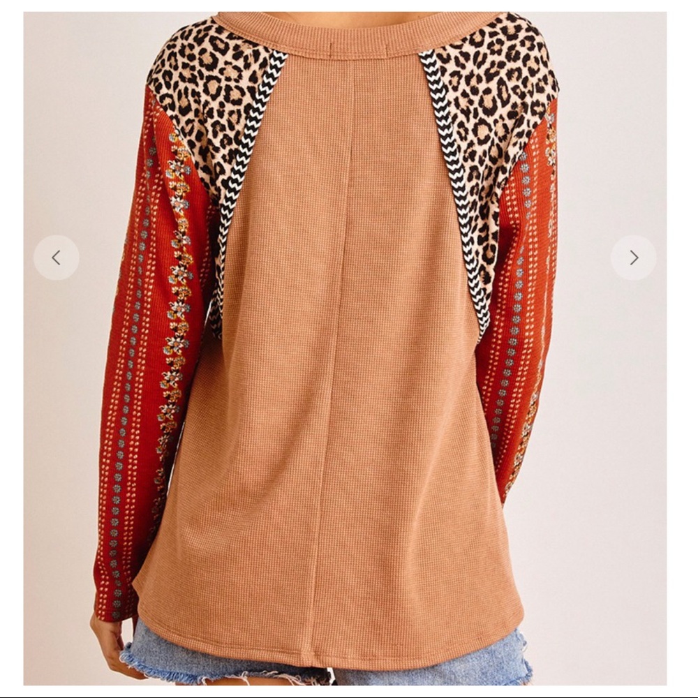 Aztec Mixed Print Contrast boho chic sleeve top - Picture 2 of 6